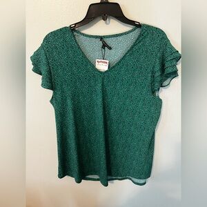 New with Tags Adrianna Papell Green Leopard B&W Spotted Ruffle Sleeve Blouse